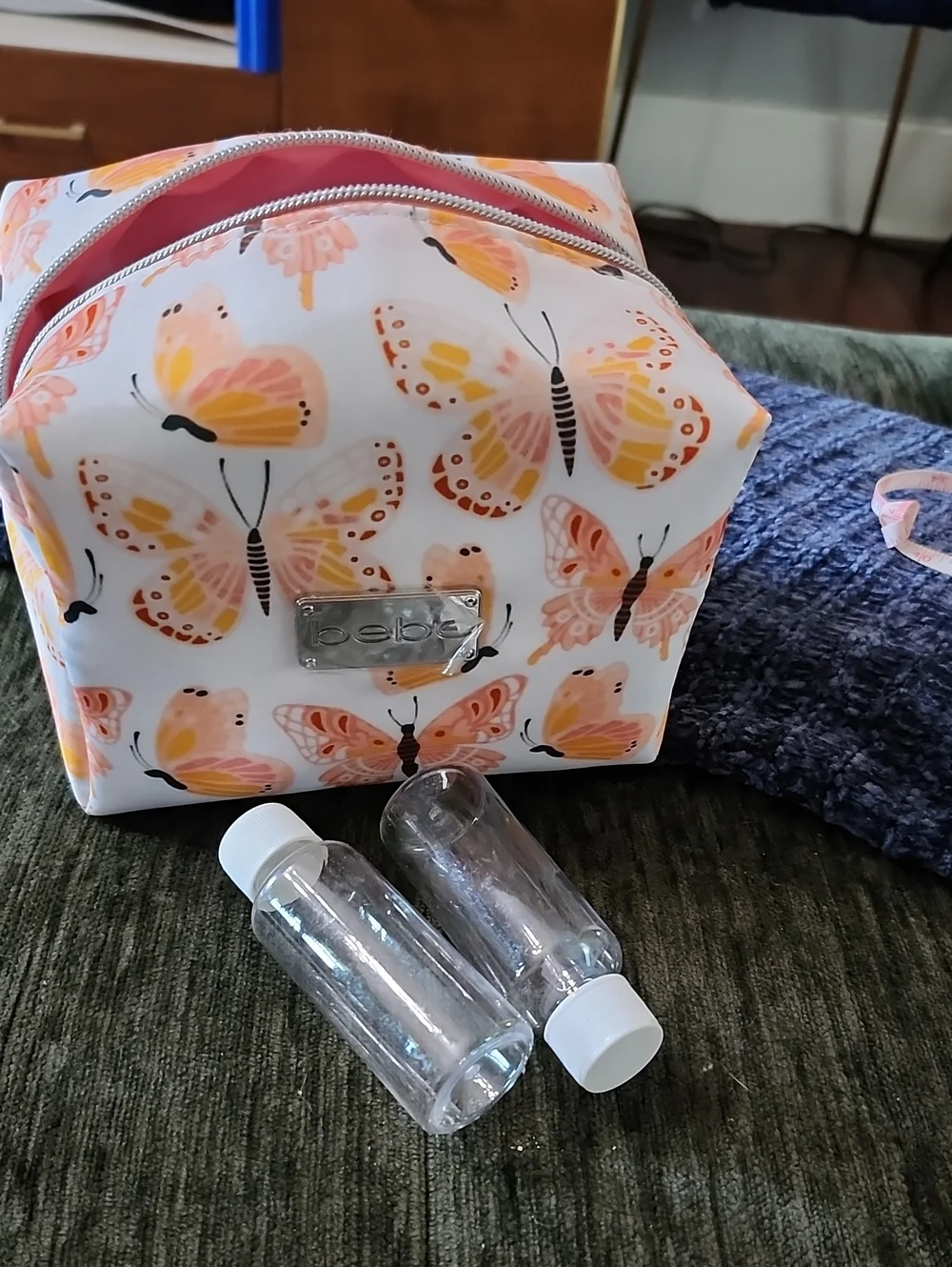 bebe Cosmetic Bag Butterfly Pattern  - Pink & Orange New W/2 Travel Bottles.